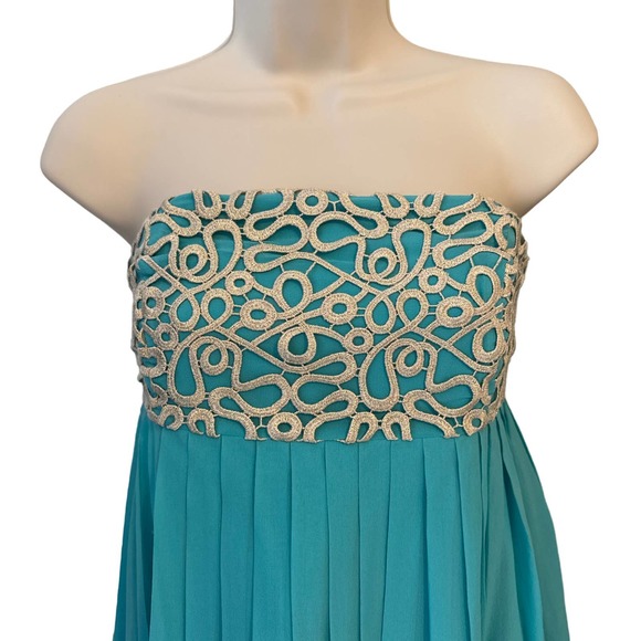 Lilly Pulitzer Jillie Strapless‎ Dress in Teal with Cream/Gold Applique Size 4 - Picture 2 of 10